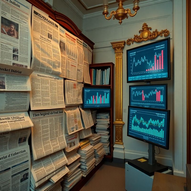 Redakční archiv a digitální obrazovky s ekonomickými grafy
